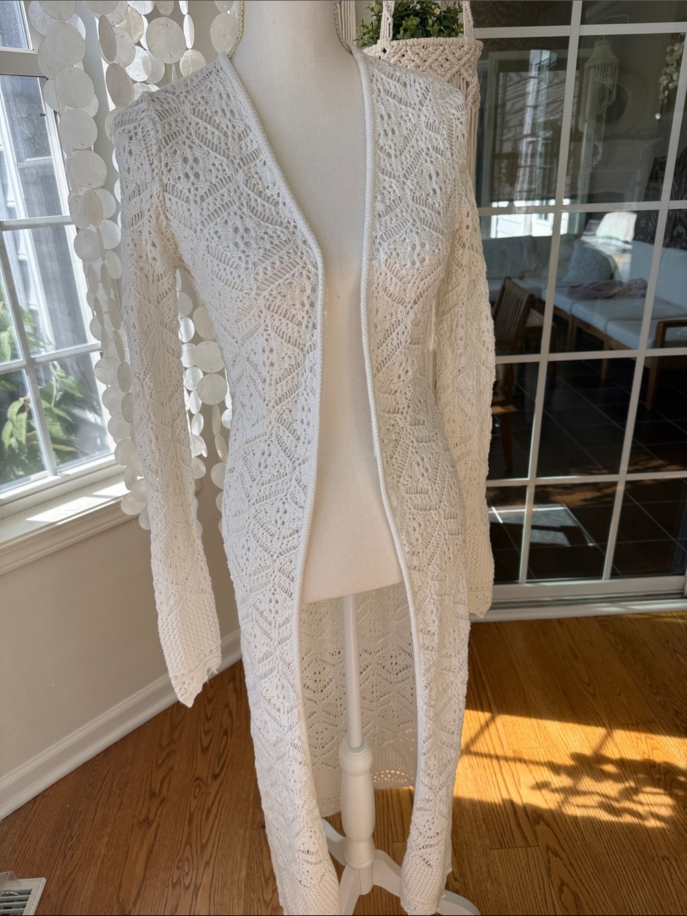 Women’s Cotton Open-Front Crochet Long Cardigan Sweater Duster - White